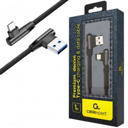CABLEXPERT PREMIUM JEANS (denim) TYPE-C USB CABLE WITH METAL CONNECTORS 1M BLACK ANGLED RETAIL PACK