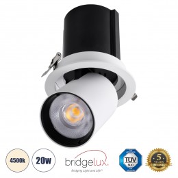 GloboStar® VIRGO-B 60310 Χωνευτό LED Spot Downlight TrimLess Φ13.5cm 20W 2600lm 36° AC 220-240V IP20 Φ13.5cm x Υ14cm - Στρόγγυλο - Λευκό με Μαύρο Κάτοπτρο - Φυσικό Λευκό 4500K - Bridgelux COB - 5 Years Warranty