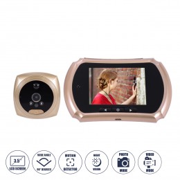 GloboStar® 86066 Επαναφορτιζόμενη Ψηφιακή Έξυπνη Camera Εξώπορτας 90° Μοιρών με Έγχρωμη Οθόνη 3.5 Inches - USB - Νυχτερινή Όραση με LED IR - Κουδούνι - Χρυσό