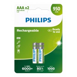 PHILIPS επαναφορτιζόμενη μπαταρία R03B2A95, 950mAh, AAA HR03 Micro, 2τμχ