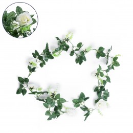 GloboStar® 78131 Τεχνητό Κρεμαστό Φυτό Διακοσμητική Γιρλάντα Λουλουδιών με 10 Λευκά Τριαντάφυλλα & Πράσινο Φύλλωμα Μ12 x Π12 x Υ220cm