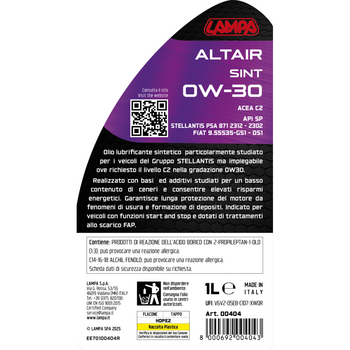 L0040.4 ΛΑΔΙ ΚΙΝΗΤΗΡΑ 0W30 ΣΥΝΘΕΤΙΚΟ ALTAIR SINT ACEA 2 /API SP /STELLANTIS PSA B71 2312-2302 1LT LAMPA - 1 τεμ.