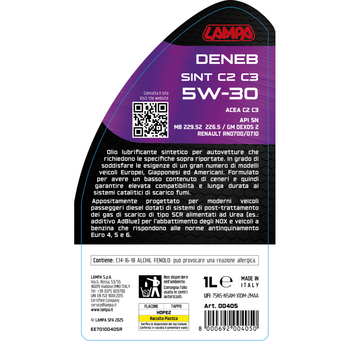 L0040.5 ΛΑΔΙ ΚΙΝΗΤΗΡΑ 5W30 ΣΥΝΘΕΤΙΚΟ ACEA C2/C3 EURO 4/5/6 DENEB 1LT LAMPA - 1 τεμ.
