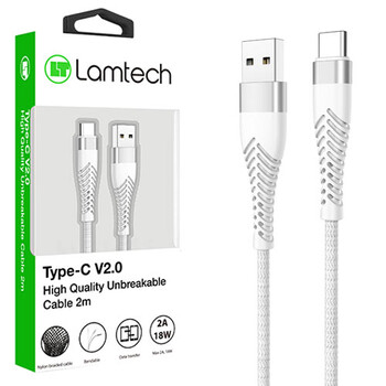 LAMTECH TYPE-C V2,0 HIGH QUALITY UNBREAKABLE CABLE SILVER 2M