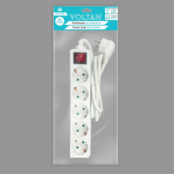 DM105BK . Πολύπριζο με διακόπτη 5 θέσεων 3x1,5mm VOLTAN