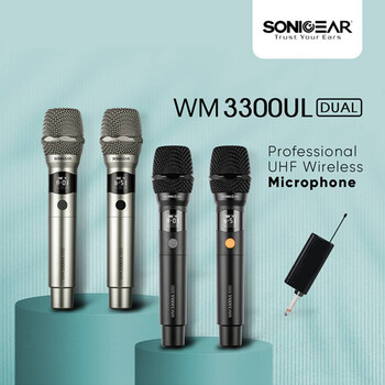 SONICGEAR DUAL PROFESSIONAL UHF WIRELESS LED MICROPHONE WM 3300 UL PLATINUM