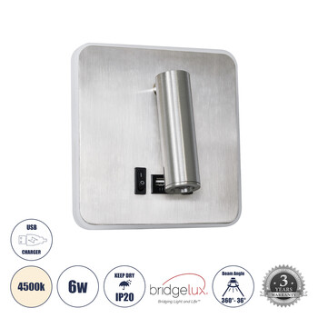 GloboStar® LADY-S 60945 Μοντέρνο Φωτιστικό Τοίχου - Απλίκα Ξενοδοχείου Bed Side LED 6W 600lm 36° & 360° AC 220-240V - Reading Light & Κρυφός Φωτισμός - Φορτιστής USB 3A - Μ15 x Π15 x Υ7cm - Φυσικό Λευκό 4500K - Νίκελ Βούρτσας- 3 Χρόνια Εγγύηση