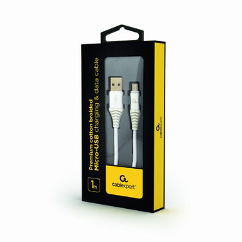 CABLEXPERT PREMIUM COTTON BRAIDED MICRO-USB CHARGING AND DATA CABLE 1M SILVER/WHITE RETAIL PACK
