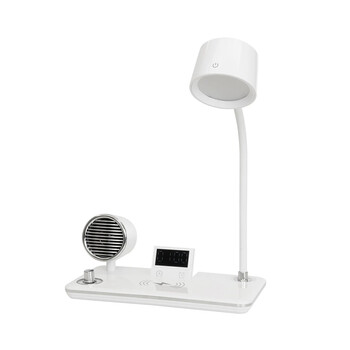 GLOBOSTAR® OLDY 76557 Μοντέρνο Επιτραπέζιο Φωτιστικό Γραφείου με Ασύρματη Φόρτιση 15W 3A, 5W Bluetooth Ηχείο & Ψηφιακό Ρολόι LED 3W 300lm 120° DC 5V με USB-C IP20 Ρυθμιζόμενο Λευκό CCT με Αφή 2700K/4500K/6000K Dimmable - Sanan SMD Chip - Λευκό - Μ13 x Π25 x Υ38cm - 2 Χρόνια Εγγύηση