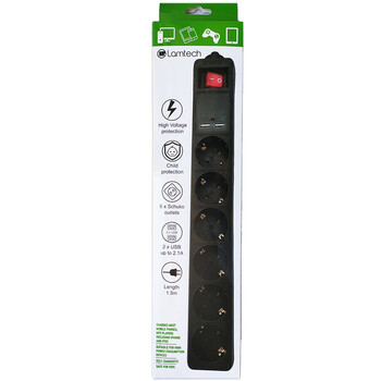 LAMTECH 6WAY SURGE PROTECTOR WITH 2xUSB 6xSCHUKO BLACK