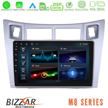 Bizzar m8 Series Toyota Yaris 8core Android12 4+32gb Navigation Multimedia Tablet 9&quot; (Ασημί Χρώμα) u-m8-Ty626s