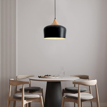 VenCore - Nordic Black Wood - Κρεμαστό Μονόφωτο E27 Μοντέρνο Μέταλλο-Ξύλο Μαύρο Καμπάνα - Μ35 x Π35 x Υ27cm