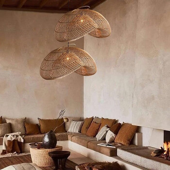 VenCore - Bamboo Wave - Κρεμαστό Μονόφωτο E27 Boho Μπαμπού Φυσικό Πλέγμα - Μ40 x Π30 x Y18cm
