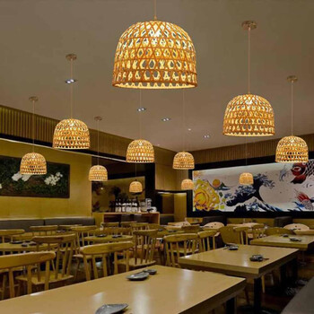 VenCore - Bamboo Light - Κρεμαστό Μονόφωτο E27 Boho Μπαμπού Φυσικό Πλέγμα - Μ35 x Π35 x Υ22cm