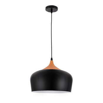 VenCore - Nordic Black Wood - Κρεμαστό Μονόφωτο E27 Μοντέρνο Μέταλλο-Ξύλο Μαύρο Καμπάνα - Μ35 x Π35 x Υ27cm