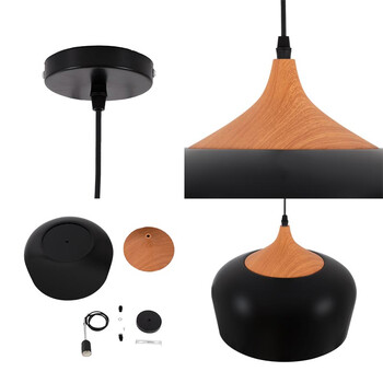 VenCore - Nordic Black Wood - Κρεμαστό Μονόφωτο E27 Μοντέρνο Μέταλλο-Ξύλο Μαύρο Καμπάνα - Μ35 x Π35 x Υ27cm