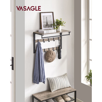 VASAGLE Επιτοίχια Κρεμάστρα με Ράφι - Γκρι Μαύρο, 60 x 30 x 27 cm,LCR101B02 