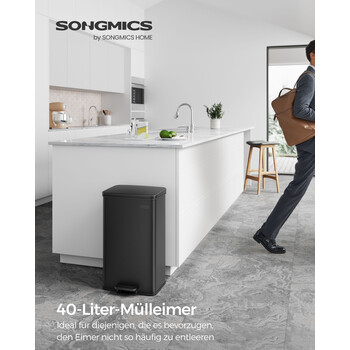 SONGMICS Ατσάλινος Κάδος Απορριμμάτων 40 Λίτρα με Καπάκι και 15 Σακούλες, Μαύρος LTB540B4002