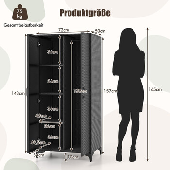 Costway  Πλεκτή Ντουλάπα Αποθήκευσης PE-Rattan με Ράγα & 4 Ράφια 72 x 50 x 157 cm  Μαύρο JZ10260DK