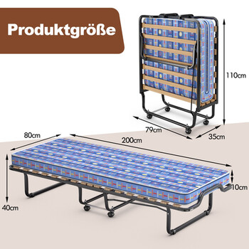 Costway  Πτυσσόμενο κρεβάτι επισκεπτών 80 x 200 cm με στρώμα αφρού μνήμης, μπλε, κατασκευασμένο στην Ιταλία. HW72812BL