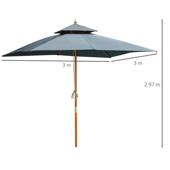 Ομπρέλα Outsunny Garden 3x3m με 8 μπαστούνια μπαμπού και κάλυμμα αντηλιακού 2 επιπέδων, γκρι 840-026CG