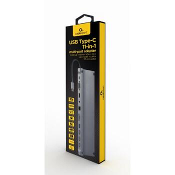 GEMBIRD USB TYPE-C 11IN1 MULTI-PORT ADAPTER (USB HUB+HDMI+VGA+PD+CARD READER+LAN+3.5MM) SPACE GREY