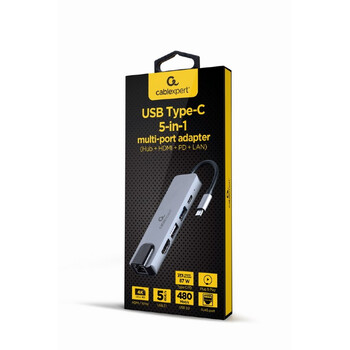 GEMBIRD USB TYPE-C 5IN1 MULTI-PORT ADAPTER (HUB+HDMI+PD+LAN)