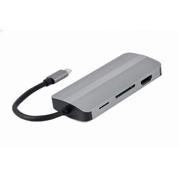 GEMBIRD USB TYPE-C 8IN1 MULTI-PORT ADAPTER (HUB+HDMI+VGA+PD+CARD READER+STEREO AUDIO) SILVER