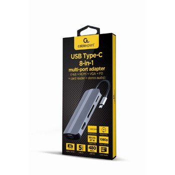 GEMBIRD USB TYPE-C 8IN1 MULTI-PORT ADAPTER (HUB+HDMI+VGA+PD+CARD READER+STEREO AUDIO) SILVER