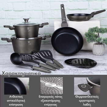 Σετ Μαγειρικά Σκεύη και Εργαλεία Κουζίνας 10 τμχ  με Τριπλή Επίστρωση Titan, Crystal Collection Berlinger Haus bh-7166