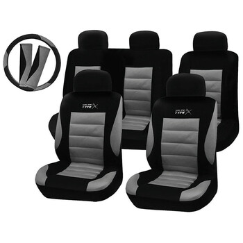 Autoline  Καλύμματα ΣΕΤ Universal με Αποσπώμενο Κεφαλάρι (PolyMesh) TYPE-X 14 τμχ Διαιρούμενα ΧΩΡΙΣ ΦΕΡΜΟΥΑΡ + Καλύμματα Ζωνών και Τιμονιο - ΜΑΥΡΟ/ΓΚΡΙ