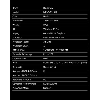 BLACKVIEW MINI PC INTEL N150 (16GB+1TB) 4K DUAL BAND WIN11 PRO BLACK