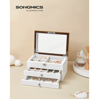 SONGMICS Ξύλινη Μπιζουτιέρα - Κοσμηματοθήκη 3 Επιπέδων με Κλειδαριά και Καθρέφτη 17 x 25 x 15 cm, Λευκό JOW15WNV1  SONGMICS Ξύλινη Μπιζουτιέρα - Κοσμηματοθήκη 3 Επιπέδων με Κλειδαριά και Καθρέφτη 17 x 25 x 15 cm, Λευκό JOW15WNV1 