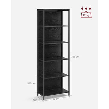 VASAGLE Ρυθμιζόμενη Βιβλιοθήκη LED 178cm με Τηλεχειριστήριο - Ebony Black 60x30.3cm LLS120B57