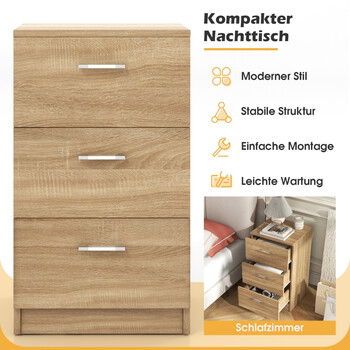 Costway Κομοδίνο με 3 Συρτάρια για Κρεβάτι Boxspring 38 x 35 x 66 cm Φυσικό Χρώμα HW61149NA