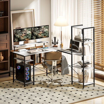 HOMCOM  Γωνιακό Γραφείο με Ηλεκτρική Πρίζα και USB, Ράφι και Βάση για Οθόνη, Λευκό και Μαύρο 137 x 140 x 139.5cm  836-591V91BK