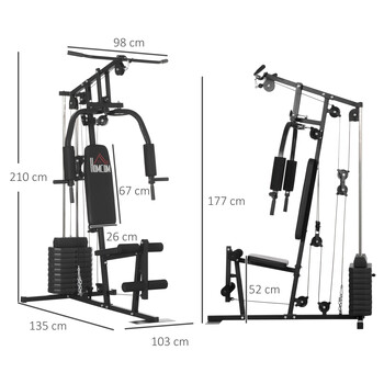 HOMCOM Fitness Station με βάρη 45kg για οικιακή και επαγγελματική προπόνηση, Πολυλειτουργικό Steel Gym, 135x103x210cm, Μαύρο A91-176