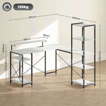 HOMCOM  Γωνιακό Γραφείο με Ηλεκτρική Πρίζα και USB, Ράφι και Βάση για Οθόνη, Λευκό και Μαύρο 137 x 140 x 139.5cm  836-591V91BK