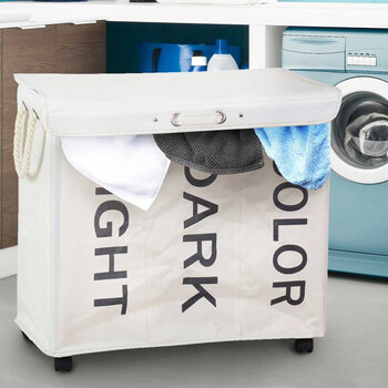 BAKAJI  Καλάθι Απλύτων 3 Θέσεων Πτυσσόμενο Υφασμάτινο με Ρόδες Κρεμ  02822740