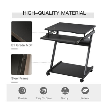 Τροχήλατο Μεταλλικό Γραφείο Υπολογιστή με Θέση για Πληκτρολόγιο 60 x 48 x 73 cm Χρώματος Μαύρο HOMCOM 836-293BK