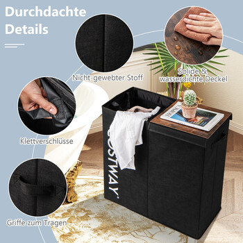 Costway  Καλάθι ρούχων με καπάκι 105 L με 2 αφαιρούμενους σάκους, Μαύρο 60 x 35 x 60 εκ. JV12142BK