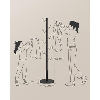 SONGMICS Μαύρη Ελεύθερη Κρεμάστρα Δέντρου με 16 Γάντζους, 175.3x40x40 εκ. RCR037B01