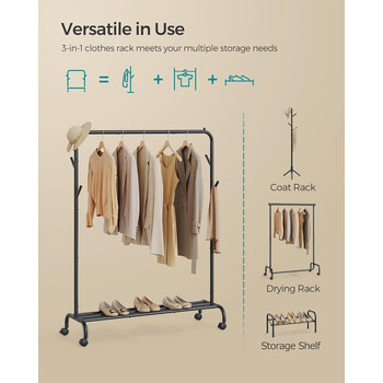 Μεταλλική Τροχήλατη Κρεμάστρα Ρούχων  Δαπέδου 103.5x41x155cm - Μαύρο HSR131B01 Songmics