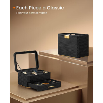 Κουτί Ρολογιών 8 Θέσεων 2 Επίπεδα με Καπάκι και Θήκη Ταξιδίου 19.5 x 27.3 x 14.5 cm Μαύρο JWB025B01 Songmics