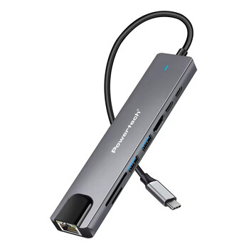 POWERTECH docking station PT-1537, 8 θυρών, USB-C σύνδεση, 100W PD, 1000Mbps, γκρι