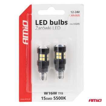 04245/AM ΛΑΜΠΑΚΙΑ LED T15 W16W 12V/24V LED CAN-BUS 15xSMD 2835 ΛΕΥΚΟ ΦΩΣ 5.500K (ΣΕ ΧΡΩΜΑ ΜΑΥΡΟ) AMIO - 2 ΤΕΜ.