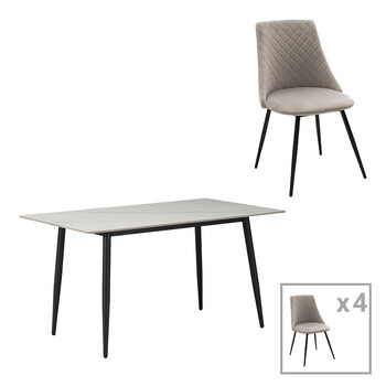 Τραπεζαρία Gustas-Giselle pakoworld σετ 5τεμ λευκό μαρμάρου-γκρι βελουδο 120x80x76εκ