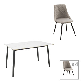 Τραπεζαρία Gustas-Giselle pakoworld σετ 5τεμ λευκό μαρμάρου-γκρι βελούδο 120x80x76εκ