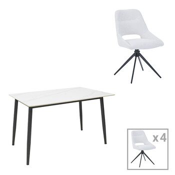 Τραπεζαρία Gustas-Luciano I pakoworld σετ 5τεμ λευκό μαρμάρου-κρεμ υφασμα 120x80x76εκ