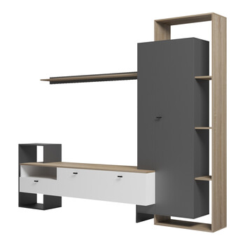 Σύνθετο σαλονιού Ferefia pakoworld σε sonoma με λευκή και ανθρακί απόχρωση 240x45.5x189.5εκ